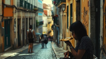Lisbon Street Scene with Woman Enjoying Traditional Pastry Generative AI