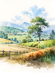 Field Countryside Landscape Watercolor Art