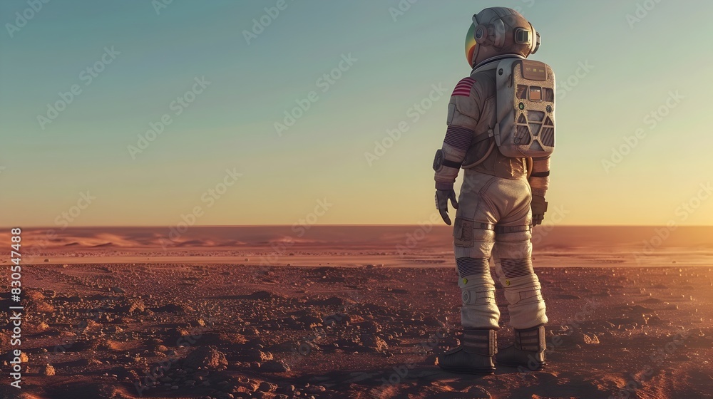 Poster astronaut in spacesuit exploring the rugged terrain of mars embarking on a groundbreaking interplane