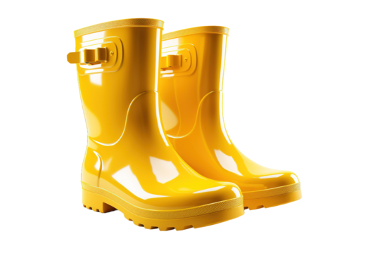 Sunlit Yellow Rain Boots Dancing on a Blank Canvas on White or PNG Transparent Background.