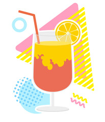 可愛いカラフルポップな背景と、レモンが添えられたトロピカルカクテルまたはジュースのイラスト