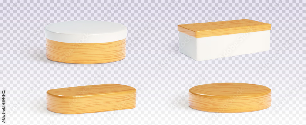 Poster wooden round and rectangular product podium with shadow on transparent background. realistic 3d vect