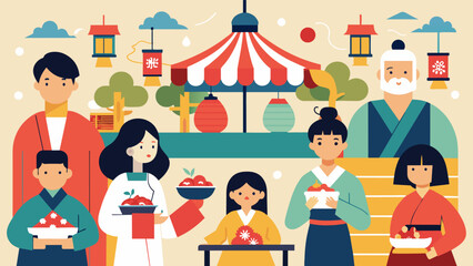 In honor of Japanese Language Day the club organized a cultural fair with booths featuring traditional crafts and activities all explained in Japanese.. Vector illustration