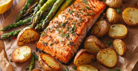 Delicious Salmon Dinner with Roasted Potatoes and Asparagus Generative AI