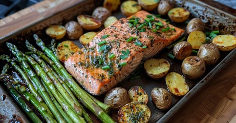 Delicious Salmon Dinner with Roasted Potatoes and Asparagus Generative AI
