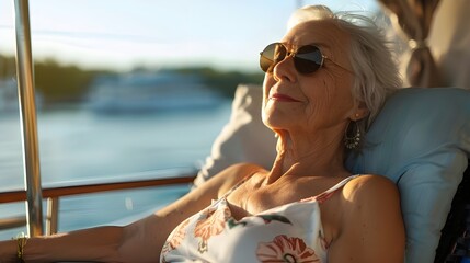 Caucasian senior woman sunbathing while sitting on deck chair at beach - Powered by Adobe