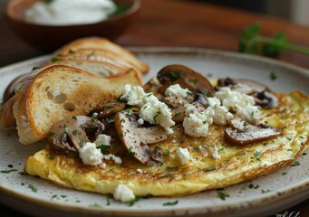 Delicious Breakfast Plate with Mushroom Omelette and Goat Cheese Generative AI