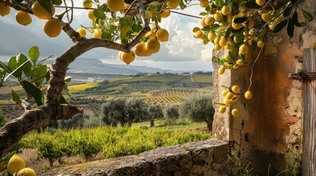 Sicilian lemons hanging from a tree in the rural landscape