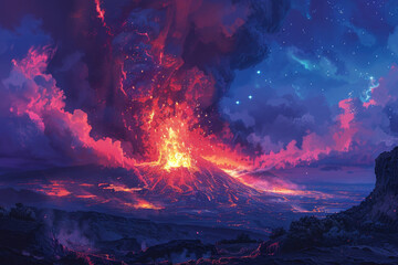 A dramatic volcanic eruption with fiery lava and billowing smoke under a night sky