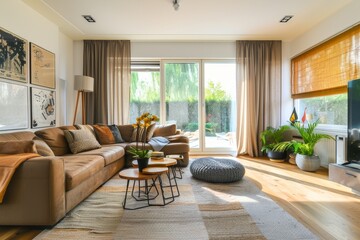 A modern living room with stylish furniture, a large window with curtains, and decorative elements like plants and art. The natural light brightens the space, making it feel open and welcoming.