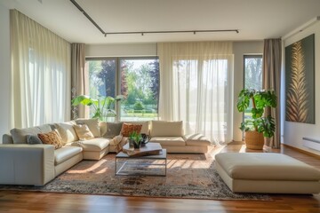 A modern living room with stylish furniture, a large window with curtains, and decorative elements like plants and art. The natural light brightens the space, making it feel open and welcoming.