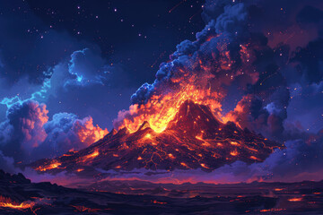 A dramatic volcanic eruption with fiery lava and billowing smoke under a night sky