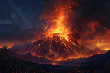 A dramatic volcanic eruption with fiery lava and billowing smoke under a night sky