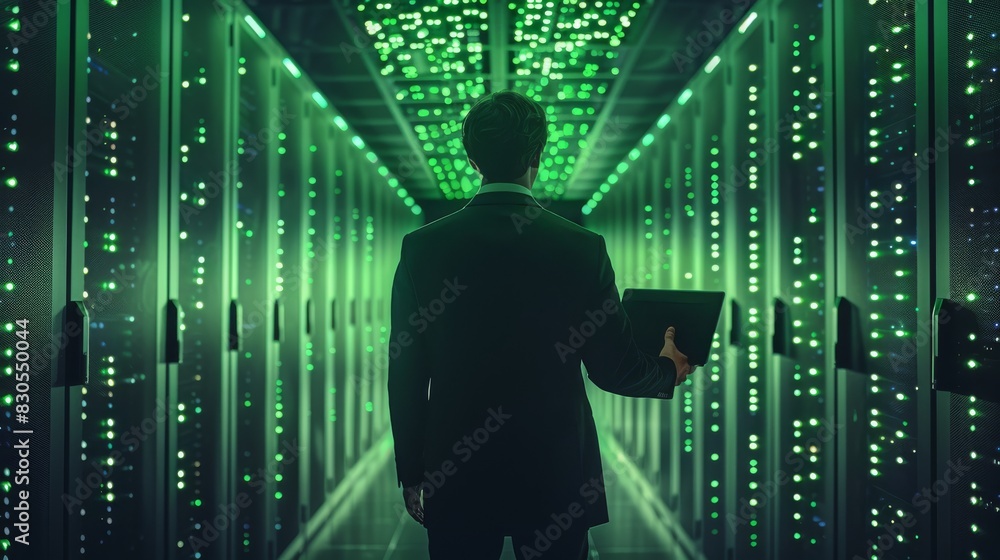 Fototapete A professional man facing a data center with the colors black and green. The person is a man facing the data center with a laptop in his hands. Generative AI.