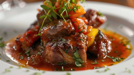 Plate with a tomato based meat entree