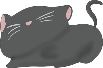 Cartoon cat looking up, black face, pink nose, heart shape