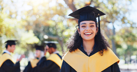 Happy woman, portrait and graduation with hat in nature for outdoor ceremony, scholarship or...