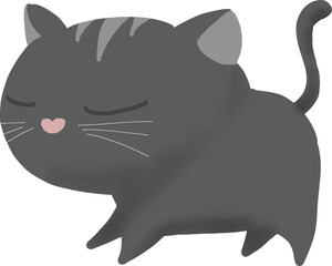 A good-humored black cat stands with eyes closed and a pink nose