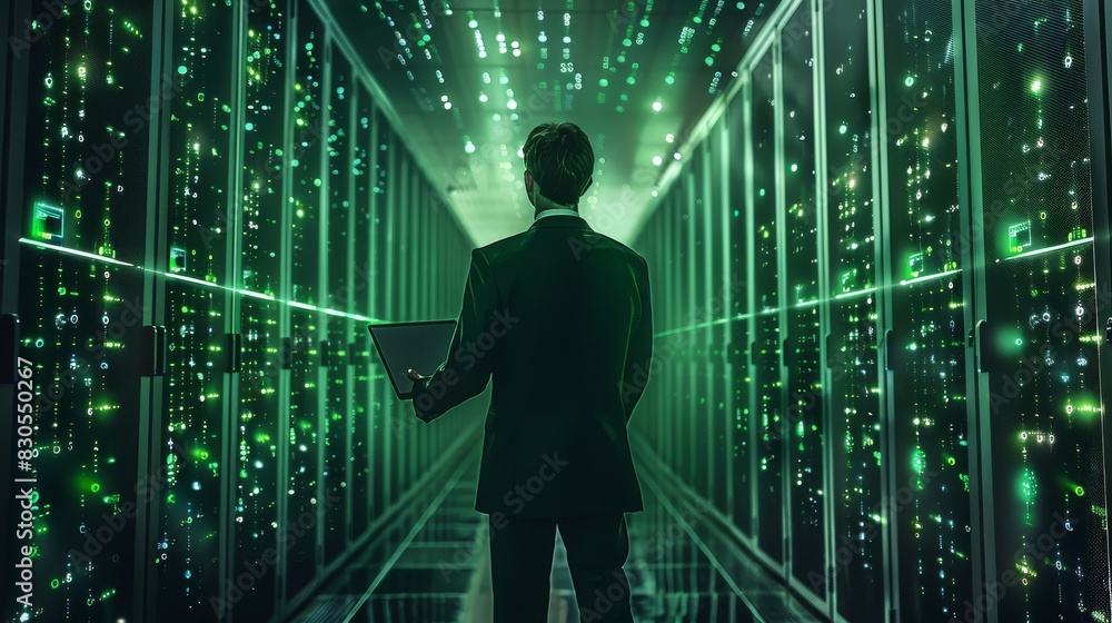 Leinwandbilder A professional man facing a data center with the colors black and green. The person is a man facing the data center with a laptop in his hands. Generative AI.