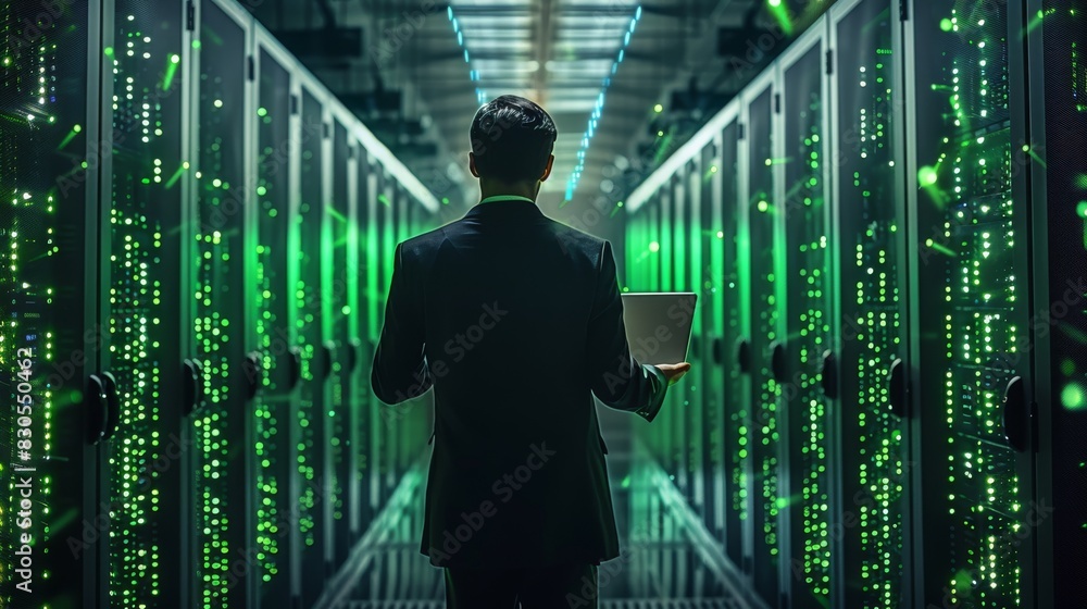 Poster a professional man facing a data center with the colors black and green. the person is a man facing 