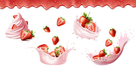 3d realistic vector illustration. Set of strawberry with whipped cream,splash of milk with ripe strawberries, falling red berries. 