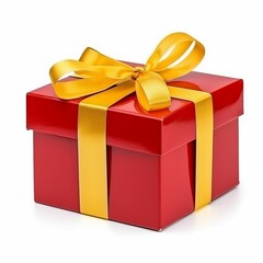Red gift box with yellow ribbon isolated on white background. Generative AI