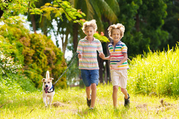 Kids play with dog. Children and puppy run in park