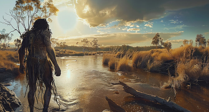 A primitive mutated human walking along a river in the outback. Generative AI.