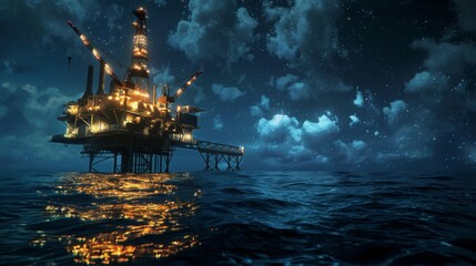 Obraz premium An oil rig in the middle of the ocean, illuminated against the dark night sky, symbolizing the relentless quest for energy resources