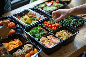 Obraz premium Woman's hand presenting a lunch box with a variety of healthy foods on the table