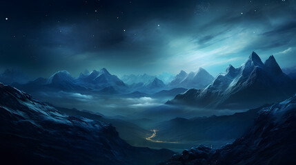 digital cyan blue night mountains and stars design graphics poster background