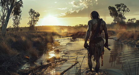 A primitive mutated human walking along a river in the outback. Generative AI.