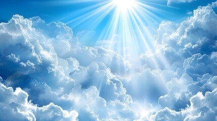 Bright day with sunlight peeking through large white clouds