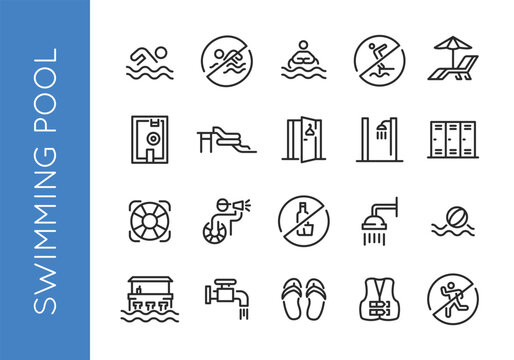 A comprehensive set of swimming pool icons. Includes simple representations of a swimmer, no diving symbol, swim cap, goggles, lifeguard whistle, life jacket, sunbed with umbrella. Vector illustration