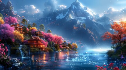 Serene mountain village with traditional houses, blooming cherry blossoms, and a tranquil shimmering lake under a bright, clear sky.
