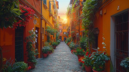 Charming alley lined with vibrant flowers and orange buildings, bathed in the soft glow of a sunset in a serene and picturesque setting.