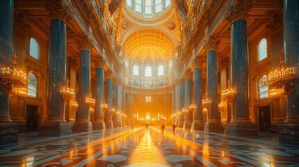 Grand cathedral interior with majestic pillars, intricate ceilings, and warm sunlight creating a serene and awe-inspiring atmosphere.
