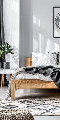 Scandinavian minimalist bedroom interiors with neutral tones, minimal furniture and copyspace for text