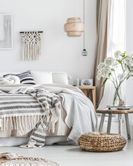 Scandinavian minimalist bedroom interiors with neutral tones, minimal furniture and copyspace for text