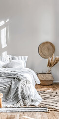 Scandinavian minimalist bedroom interiors with neutral tones, minimal furniture and copyspace for text