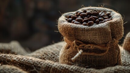 Obraz premium Cloth sack with a cup filled with coffee beans