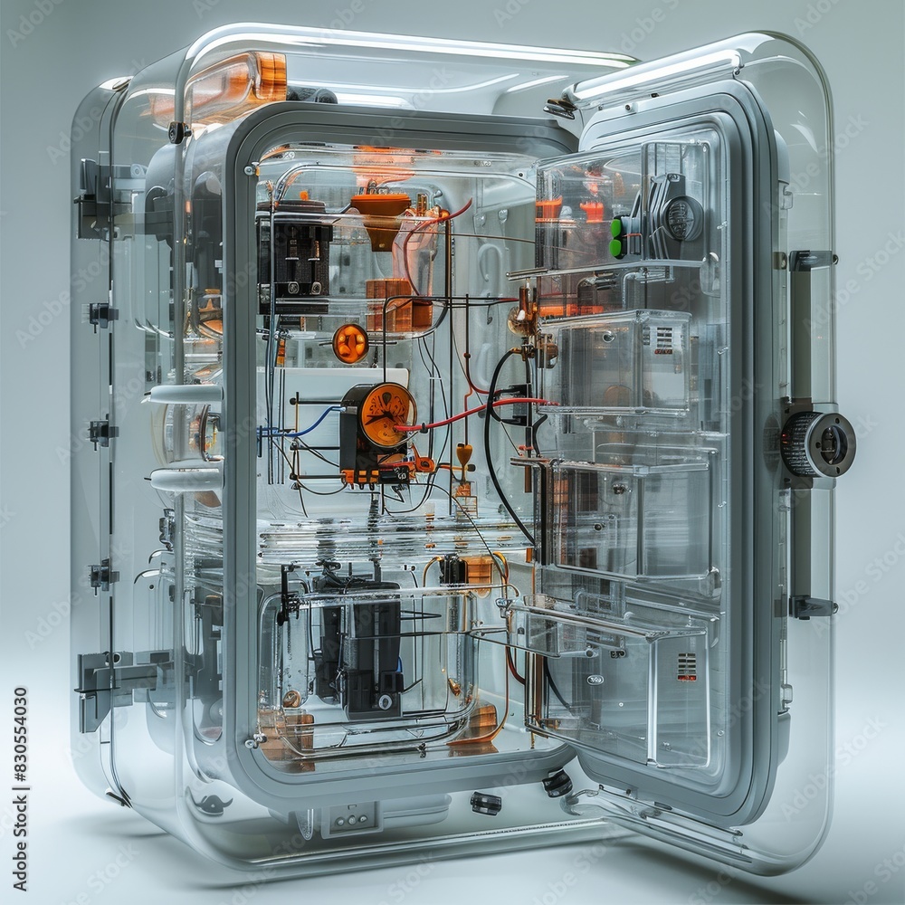 Poster a mechanic-style refrigerator made of transparent materials and wires on a white studio background. 