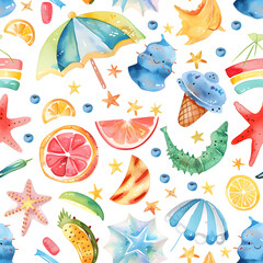 Cute cartoon summer decorations in watercolor style.