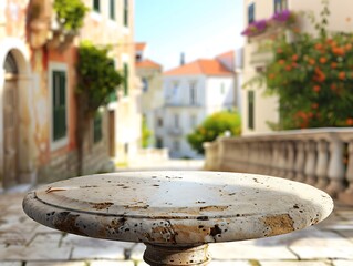 Elegant stone table with a vibrant historical town square