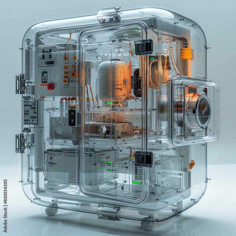 Poster a mechanic-style refrigerator made of transparent materials and wires on a white studio background. 