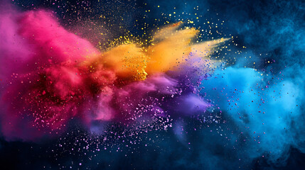 Colorful powder explosion on black background, vibrant hues creating a dynamic contrast.