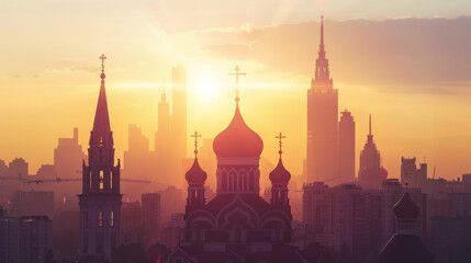 Fototapeta premium Sunset silhouette of Moscow skyline with church domes and spires