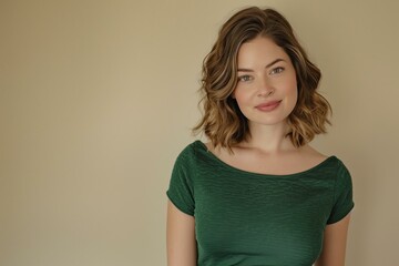 Obraz premium Caucasian woman standing, wearing a green short-sleeve knit dress, with shoulder-length wavy brown hair, beige background