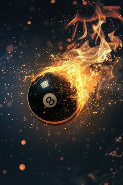 flaming 8 ball on fire, with flames and particles