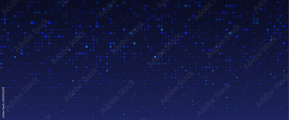 Poster Dark background with blue pixel pattern. Vector illustration of abstract bg with geometric square elements grid. digital backdrop with dissolve rectangle dot particle mosaic gradient texture.